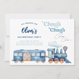 Invitación Tren Blue Chuga Chuga Choo Choo Cumpleaños Moderno
