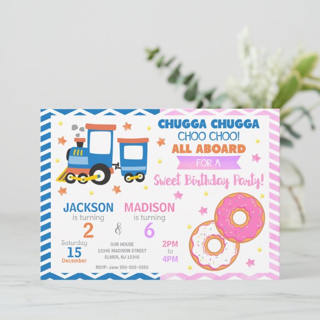 Invitación Tren Choo Choo y Donas Cumpleaños Joint (Anverso de pie)