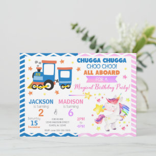 Invitación Tren Choo Choo y Unicornio Cumpleaños Compartido