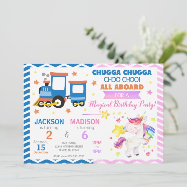 Invitación Tren Choo Choo y Unicornio Cumpleaños Compartido (Anverso de pie)