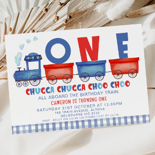 Invitación Tren Chugga Chugga Azul Rojo Primer cumpleaños