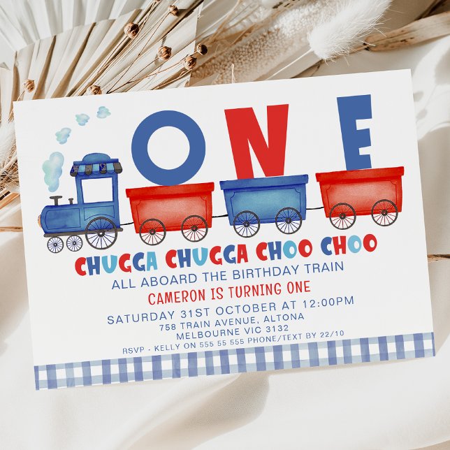 Invitación Tren Chugga Chugga Azul Rojo Primer cumpleaños (Blue Red Train 1st Birthday Invitation For Baby Boy, Chugga Chugga Train First Birthday Invitation)