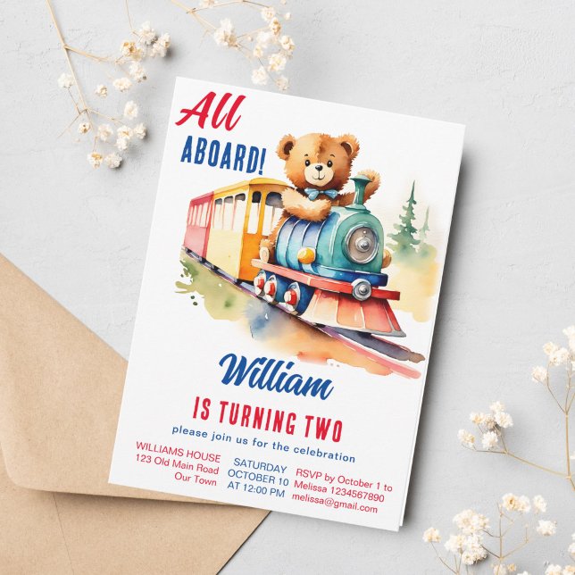 Invitación Tren cumpleaños lindo oso de peluche conduciendo t (Train toddler birthday party template invitation cute teddy bear driving a vintage toy train)