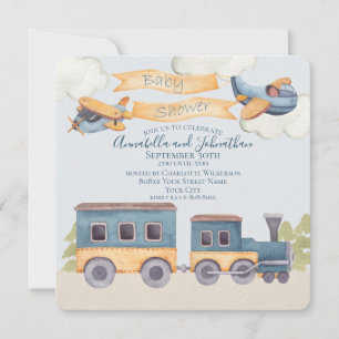 Invitación Tren de color de agua y aviones Baby Boy Blue