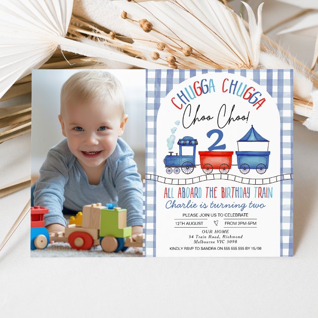Invitación Tren de foto del Arco Moderno Azul Rojo (Blue and Red Train Birthday Invitation for Boy , Chugga Chugga Train Birthday Invite, Train Themed)