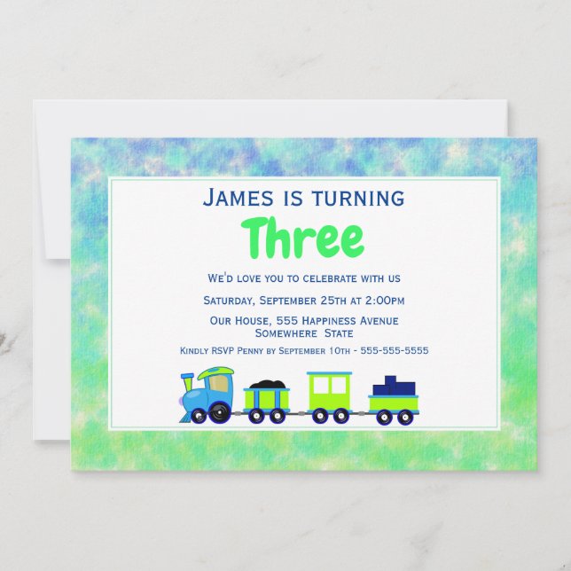 Invitación Tren de juguete moderno acuarela Tercer Fiesta de  (Anverso)