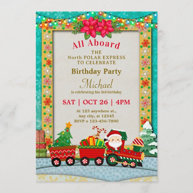 Invitación Tren de Navidad Cumpleaños - Todos a Bordo Fiesta  (Anverso)