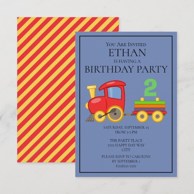 Invitación Tren Rojo Amarillo Azul Fiesta de Cumpleaños del N (Anverso / Reverso)