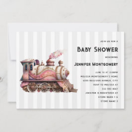 Invitación Tren Rosa Vintage Motor de Bebé Steampunk