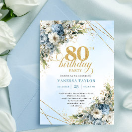 Invitación Trendy 80th Birthday Invitation Blue White Florals