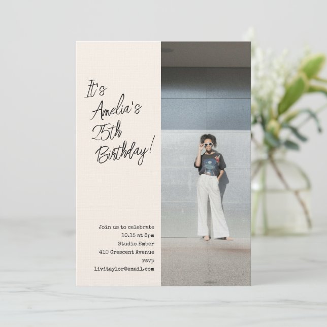Invitación Trendy Aesthetic Photo 25th Adult Birthday Party  (Anverso de pie)