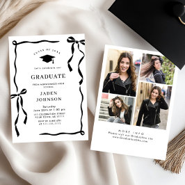 Invitación Trendy Black Bow Ribbon 4 PHOTO Graduation Party