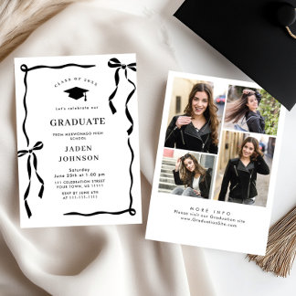 Invitación Trendy Black Bow Ribbon 4 PHOTO Graduation Party