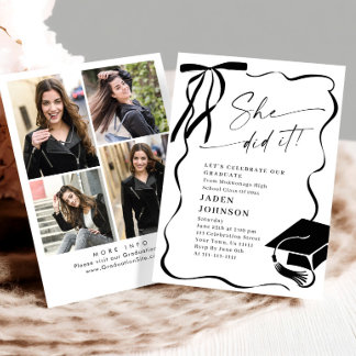 Invitación Trendy Black Bow Ribbon 4 PHOTO Graduation Party