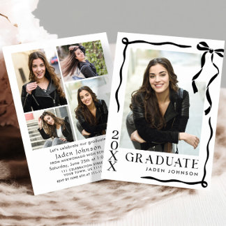 Invitación Trendy Black Bow Ribbon 5 PHOTO Graduation Party