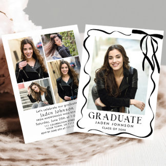 Invitación Trendy Black Bow Ribbon 5 PHOTO Graduation Party