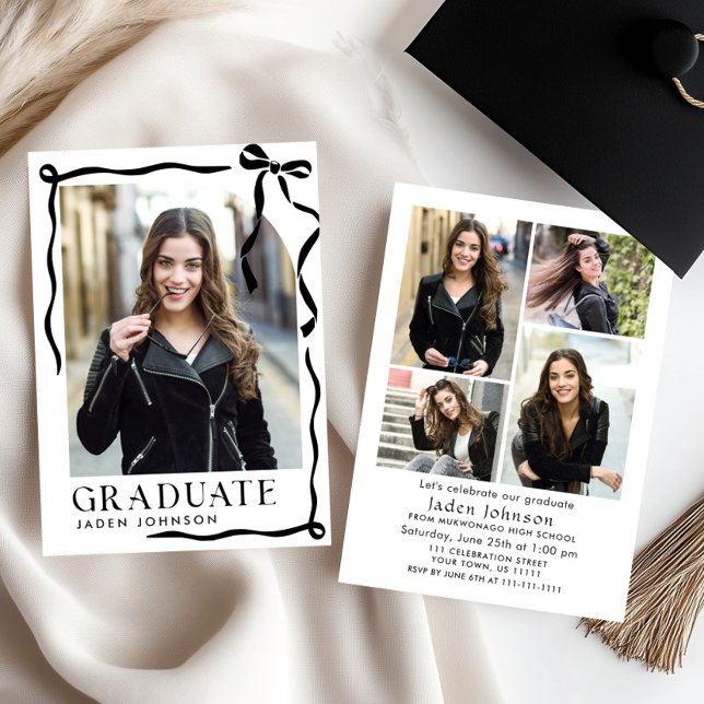 Invitación Trendy Black Bow Ribbon 5 PHOTO Graduation Party (Subido por el creador)