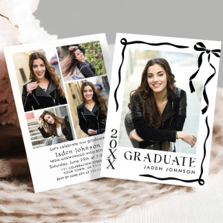Invitación Trendy Black Bow Ribbon 5 PHOTO Graduation Party