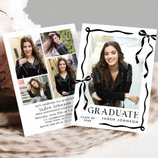 Invitación Trendy Black Bow Ribbon 5 PHOTO Graduation Party