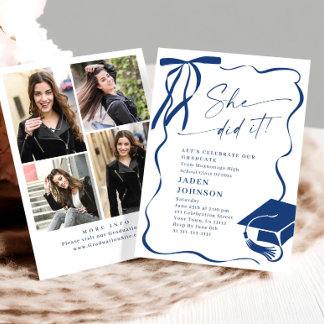 Invitación Trendy Blue Bow Ribbon 4 PHOTO Graduation Party