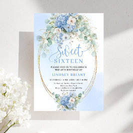 Invitación Trendy Blue Hydrangea Gold Frame 16th Birthday 