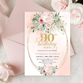 Invitación Trendy Blush Floral Gold Boho 90th Birthday Invite