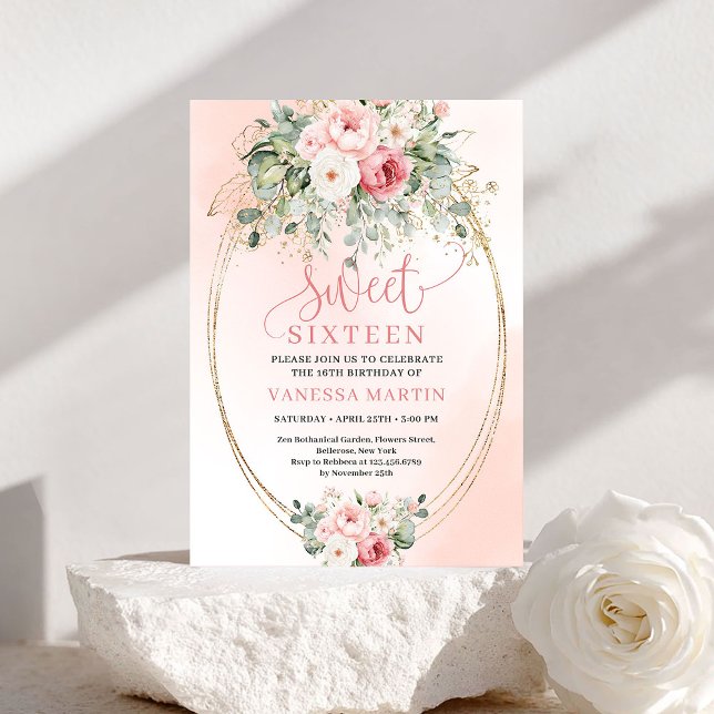 Invitación Trendy Blush Floral Sweet Sixteen Party Invitation (Trendy Blush Floral Sweet Sixteen Party Invitation)