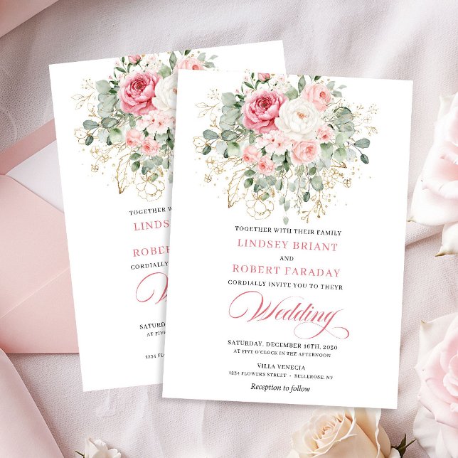 Invitación Trendy Blush Peony Botanical Gold Wedding Invite (Trendy Blush Peony Botanical Gold Wedding Invite)