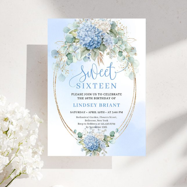 Invitación Trendy Boho Blue Hydrangea Sweet Sixteen Party   (Trendy Boho Blue Hydrangea Sweet Sixteen Party Invite)