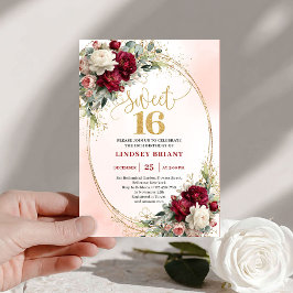 Invitación Trendy Boho Burgundy Gold Floral Sweet Sixteen
