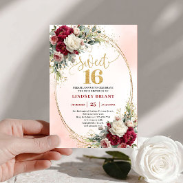 Invitación Trendy Boho Deep Red Gold Floral Sweet Sixteen 