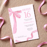 Invitación Trendy Bow Ribbon Coquette Sweet 16 Blush Pink<br><div class="desc">Celebrate a milestone in style with this Blush Pink Coquette Sweet 16 Birthday Invitation, available in both print and as a digital download. Featuring a hand-painted watercolor ribbon and bow design by Lorena Depante, this invitation combines soft, feminine elegance with playful charm—perfect for the coquette aesthetic. The pink hues and...</div>