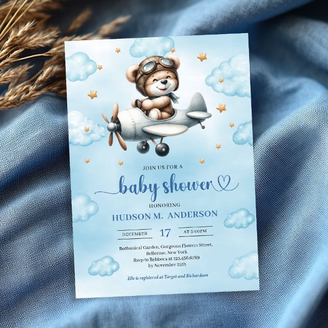 Invitación Trendy Boy Shower Teddy Bear Pilot Blue Brown (Trendy Boy Shower Invite Teddy Bear Pilot Blue Brown

)