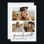 Invitación Trendy Casual Modern script Graduate Photo collage<br><div class="desc">Celebrate your graduate’s milestone with this modern three-photo graduation party invitation featuring elegant handwritten script typography. The stylish collage layout allows you to showcase multiple favorite photos while highlighting your graduate’s name, school, and class year. The front features a large photo paired with two additional portraits and a bold script...</div>