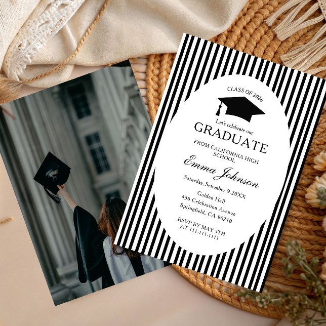 Invitación Trendy Chic Bow Minimalist Stripe  Graduation (Subido por el creador)