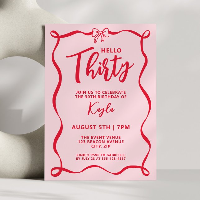 Invitación Trendy Coquette Red Bow Hello Thirty 30th (Subido por el creador)