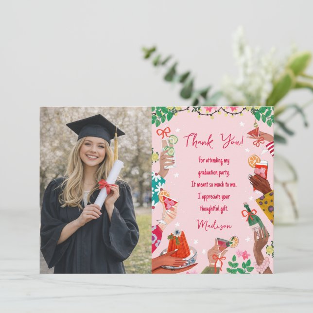 Invitación Trendy Doodle Cheers to Grad Photo Thank You Card (Anverso de pie)