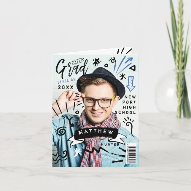 Invitación Trendy Doodle Sketch Magazine Cover Boy Grad (Anverso)