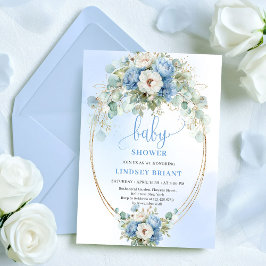 Invitación Trendy Dusty Blue Flowers Gold Baby Shower Card