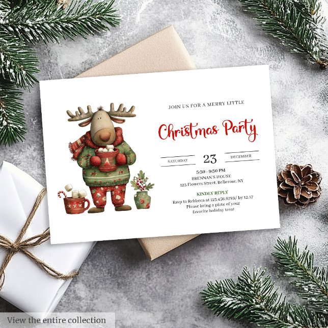 Invitación Trendy Funny Reindeer red green festive invite (Trendy Funny Reindeer red green festive invite)