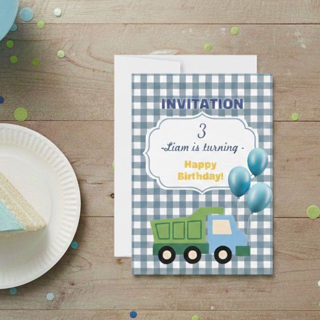 Invitación Trendy Gingham Blue Construction 3rd Birthday  (Subido por el creador)