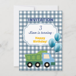 Invitación Trendy Gingham Blue Construction 3rd Birthday