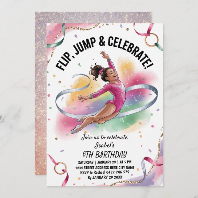 Invitación Trendy Girls Gymnast Gymnastics Birthday Party     (Anverso / Reverso)