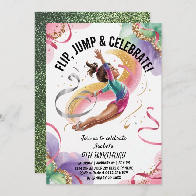 Invitación Trendy Girls Gymnast Gymnastics Birthday Party     (Anverso / Reverso)