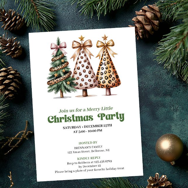 Invitación Trendy gold green leopard Christmas tree invites (Trendy gold green leopard Christmas tree invitation)