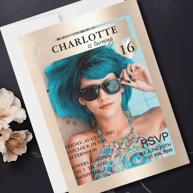 Invitación Trendy Gold Magazine Cover-Photo Inspirierte (Trendy Gold Magazine Cover-Photo Inspired Invitation)
