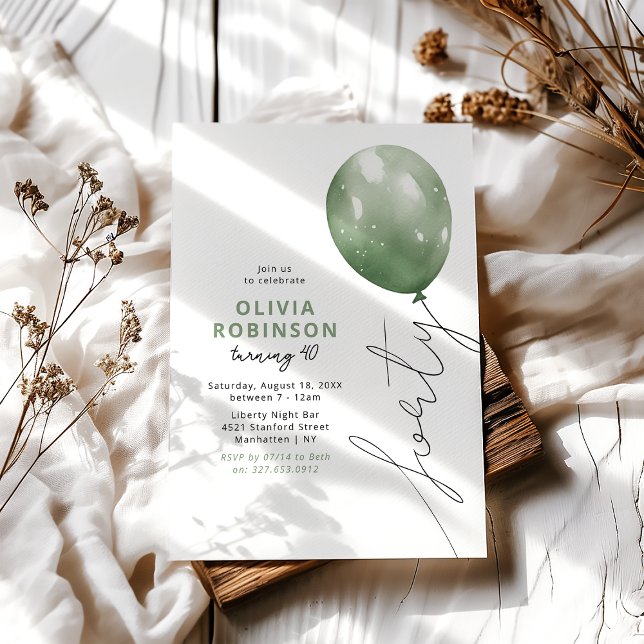 Invitación Trendy Green Balloon 40th Birthday (Subido por el creador)
