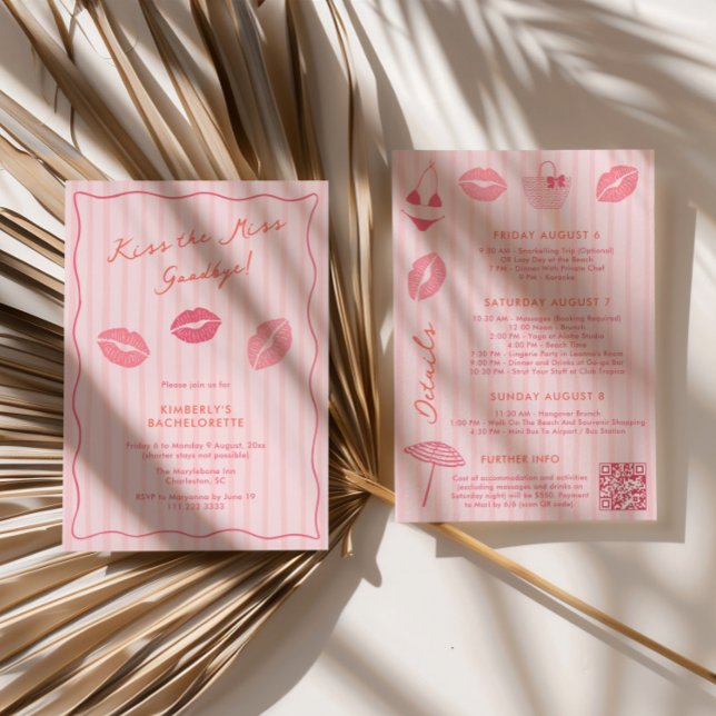 Invitación Trendy Kiss The Miss Goodbye Bachelorette Weekend (Modern Trendy Kiss the Miss Goodbye Pink Bachelorette Weekend Itinerary Invitations)