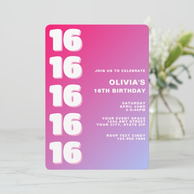 Invitación Trendy Modern Pink Gradient 16th Birthday (Anverso de pie)