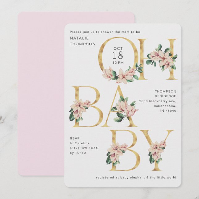 Invitación Trendy Oh Baby Magnolia Purple Rubor Baby Shower (Anverso / Reverso)